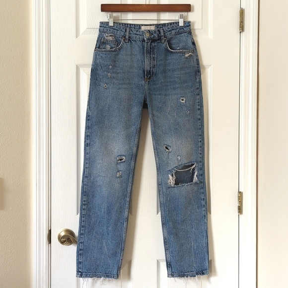 We The Free Dakota Distressed Medium Wash High Waisted Straight Leg Jeans 27 - Picture 1 of 15